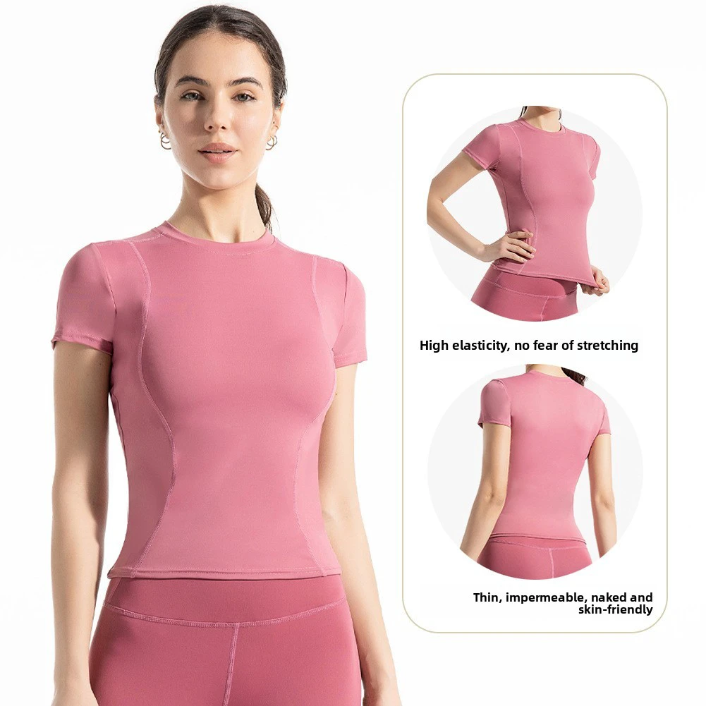Women's Lightweight Breathable Short Sleeve Fitness Yoga Set Summer Quick-Dry Sportswear Four-Way Stretch Soft Five-Point Front