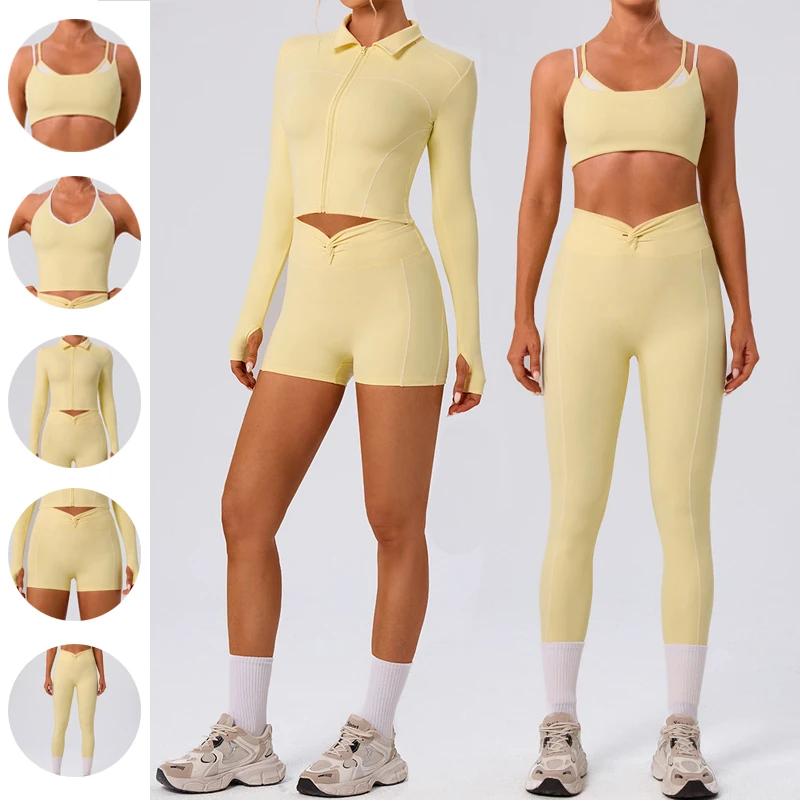 Ready to Ship Quick-Dry Yoga 5 Piece Sets Sportwear Front Logo High Elasiticty Quality Workout Outfit Gym Fitness Suit