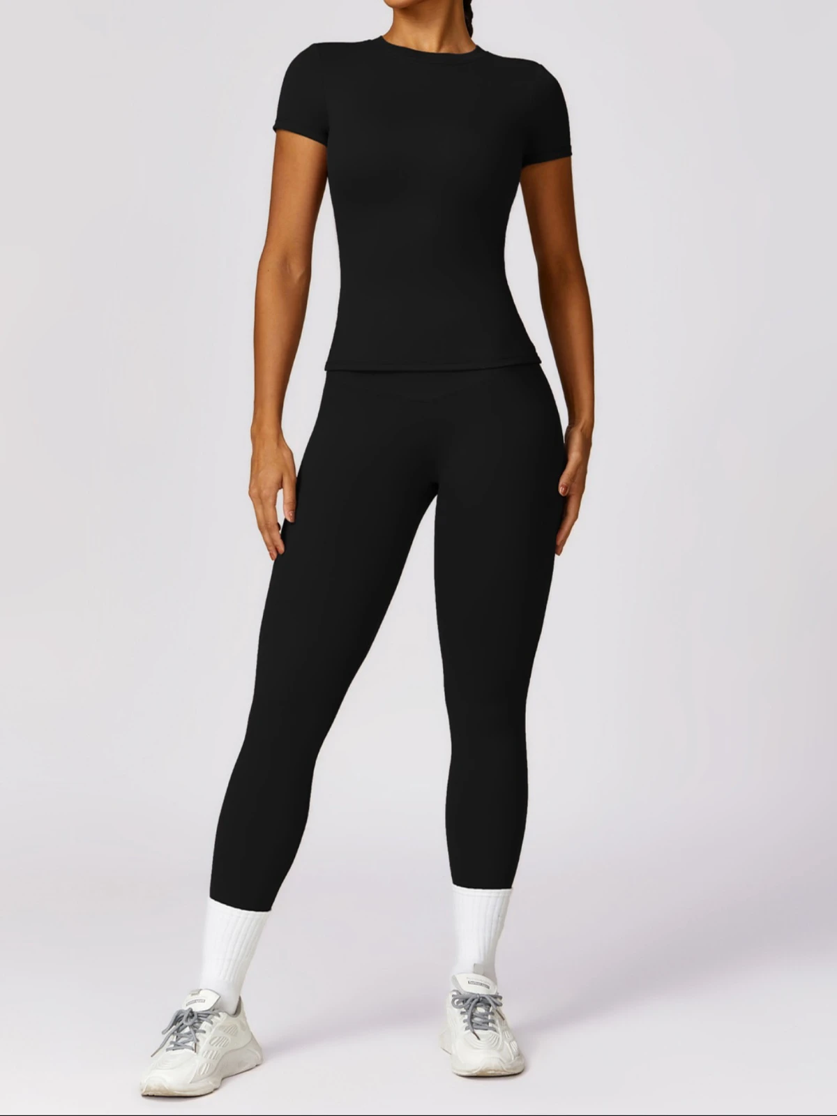 Women's Crew Neck Short Sleeve Crop Top Four-Way Stretch Slim Fit 2-Piece Yoga Set Spandex/Nylon Sports Outdoor Fitness Wear