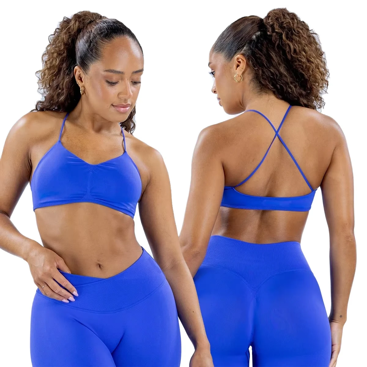 New Popular Women Backless Gym Fitness Running Vision Sports Bra High Elastic Shock-proof Cross Back Yoga Halter Tops Seamless