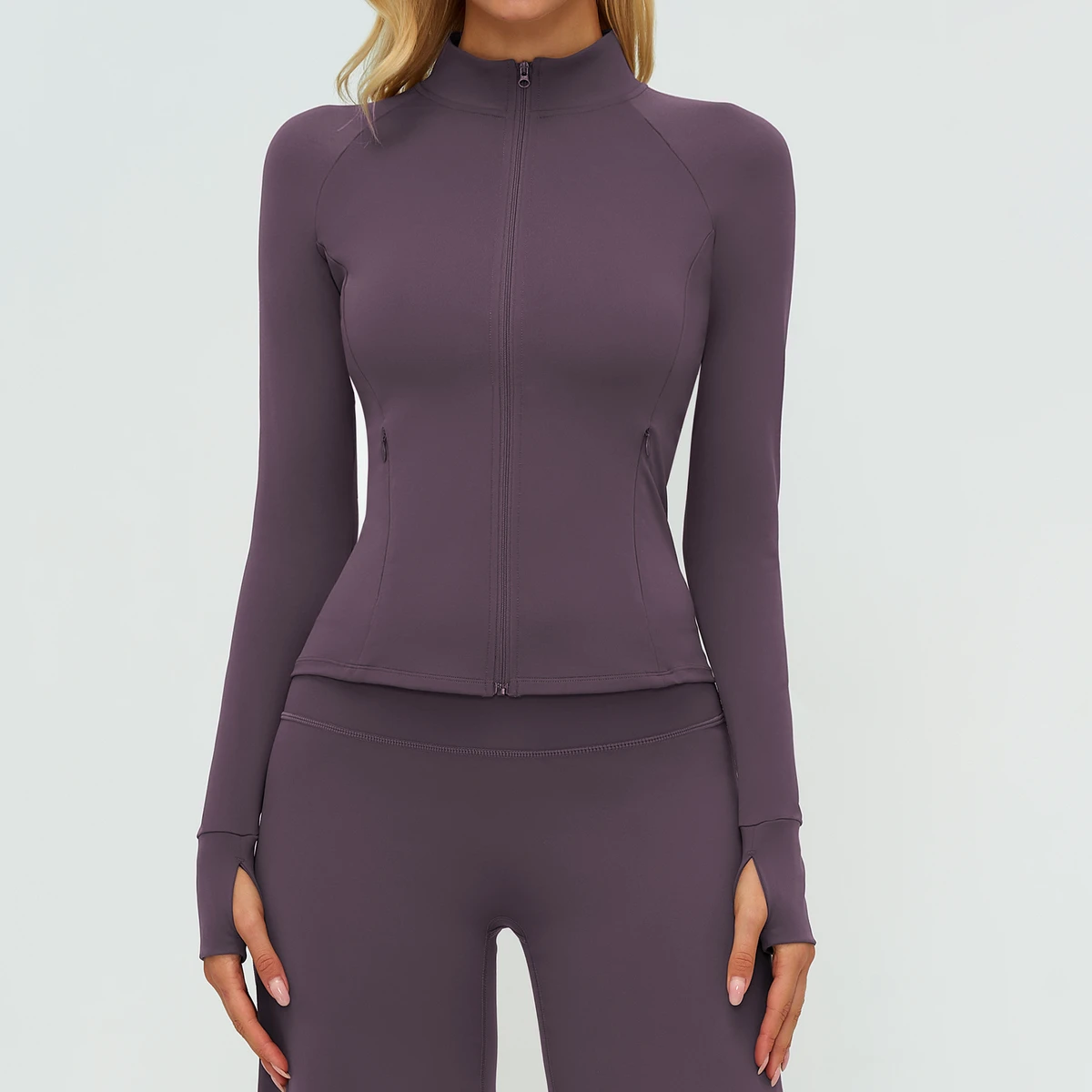 Women's Lightweight Spandex/Nylon Four-Way Stretch Quick Dry Breathable Long-Sleeved Zipper Pocket Skinny Fit Stand Collar