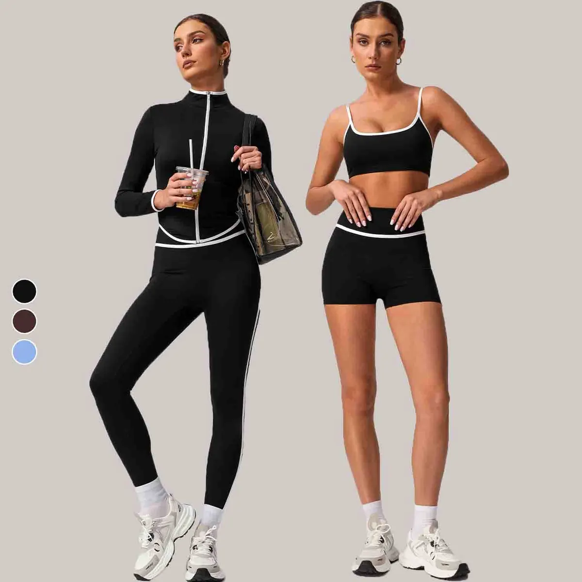 6-Piece Athletic Set -High-Waisted Leggings with Color-Block Jacket and Racerback Second-Skin Top for Yoga, Running and Fitness