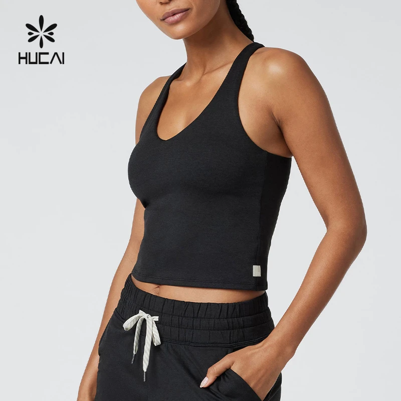 HUCAI OEM Custom logo Breathable Quick Dry Sweatheart V Neck Knit Workout Gym Fitness Knit Yoga tank Tops with Built in Bra