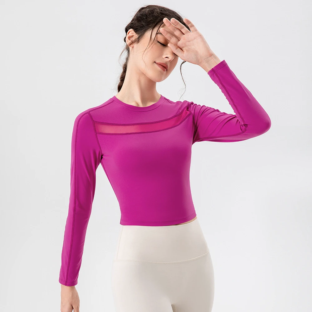 Women New Long Sleeve Soft Yoga Tops Round Collar Breathable Gym T Shirts Girls Workout Mesh Patchwork Gym Workout Clothing