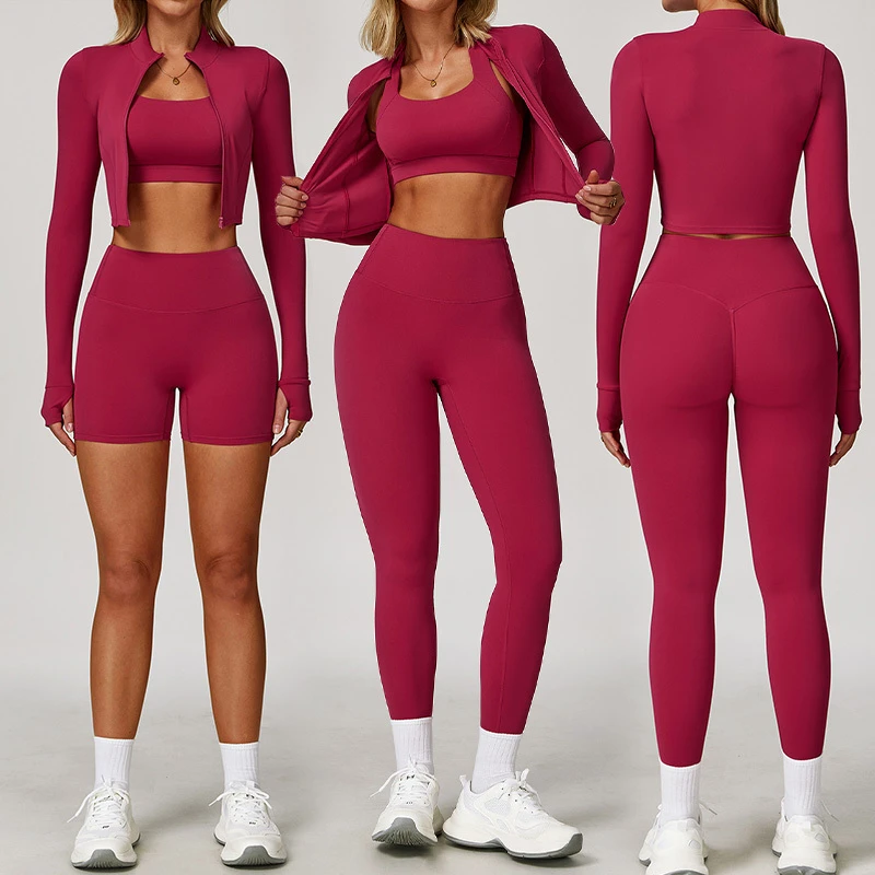 High Quality New Women Long Sleeve Yoga Legging Fitness 3 Piece Yoga Set With Jacket for Women