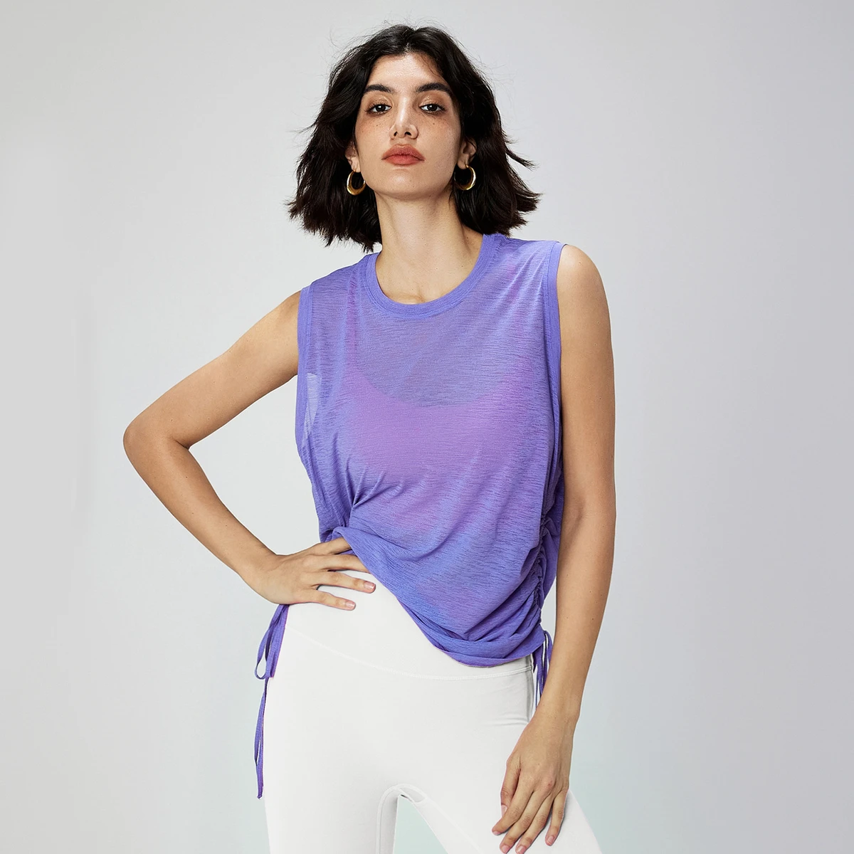 Bamboo Yarn Summer Breathable Yoga Vest Women Loose Round Neck Sleeveless Sports Top Drawstring Yoga Cover