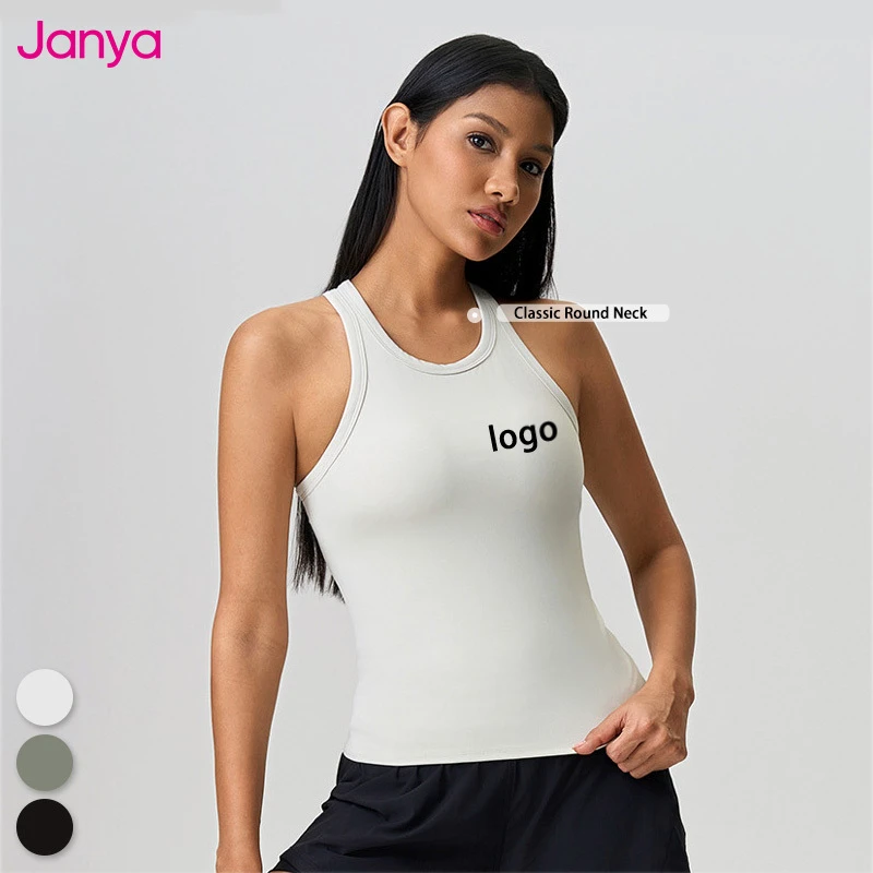 Janya Women's Yoga Gym Running Vest Round Neck Soft Tops Custom Logo Breathable Four-Way Stretch Workout Racer Back Tank Top