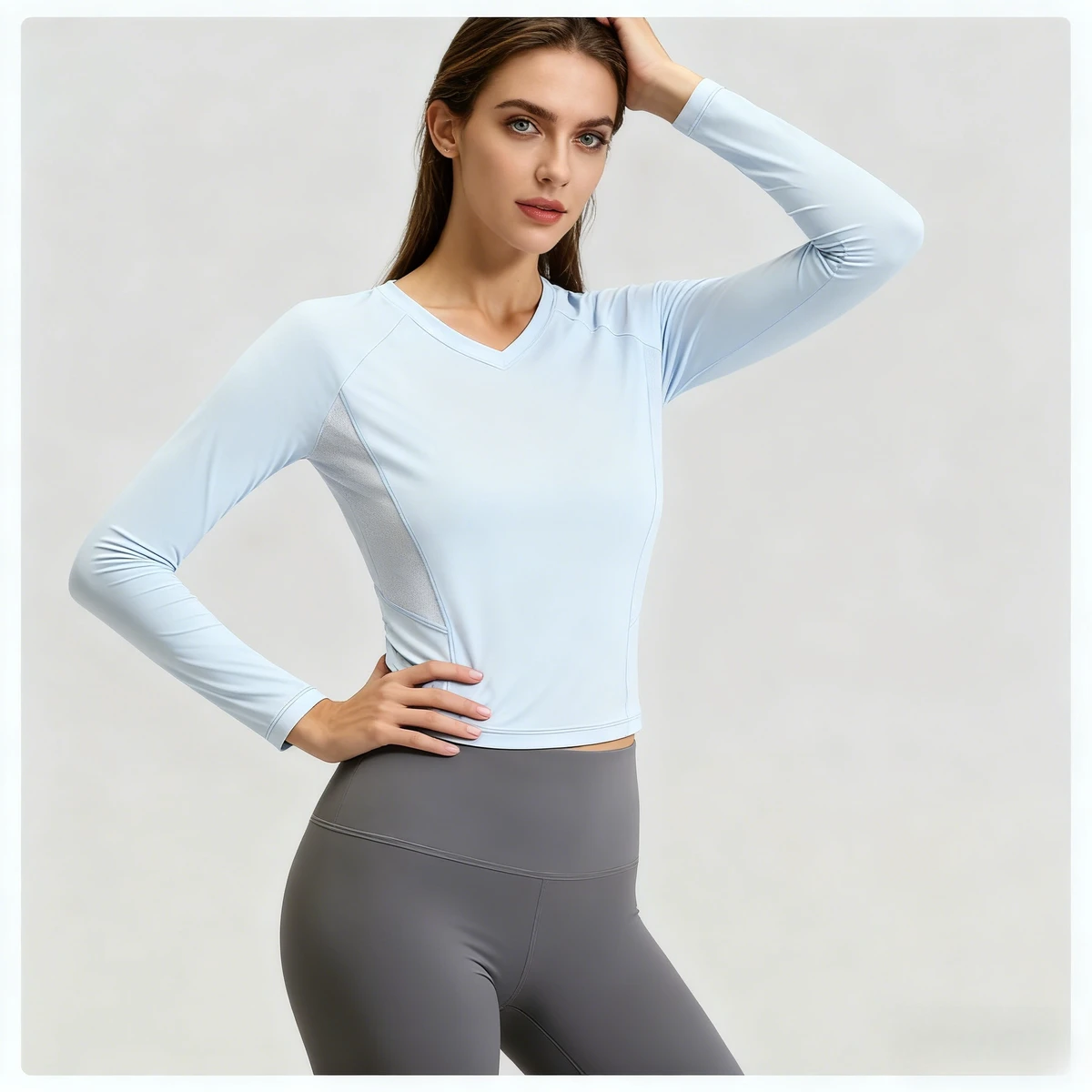 Women's Yoga Workout Tank Top Long Sleeve Quick Dry Sweat-Wicking Breathable V-Neck Back Mesh Sports Fitness Wear