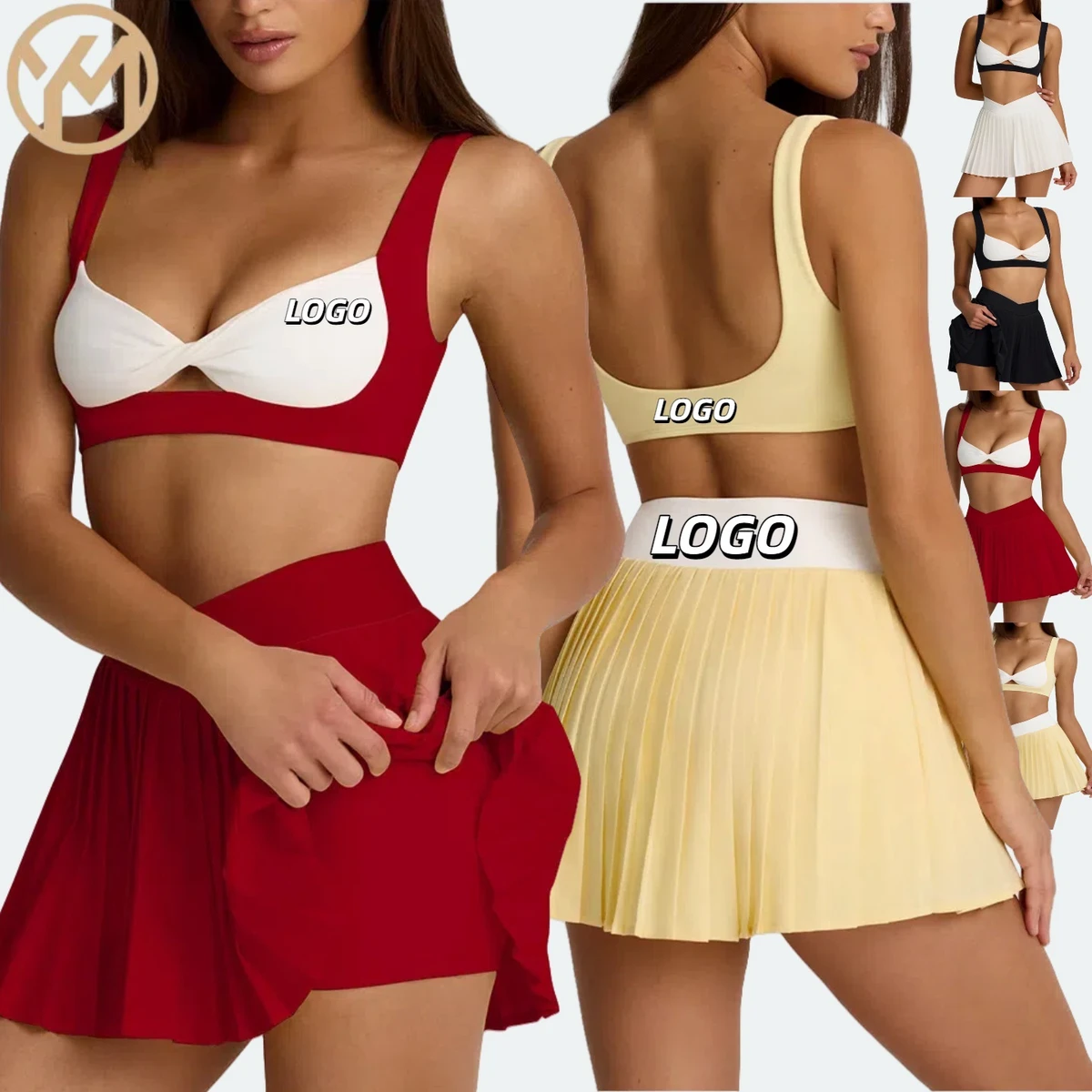 Yimo New Women Cross Bra Pocket Shorts Yoga Tennis Set Lady Fashion Two Side Gym Skirt Suit Female Beauty Back Sports Dress Set