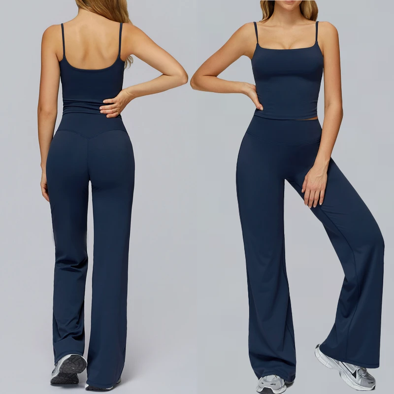 Women's Solid 2-Piece Yoga Set Soft Nylon/Spandex Seamless BreathablesStrappy Tank Top High Waist Butt Lift Sports Flare Pants