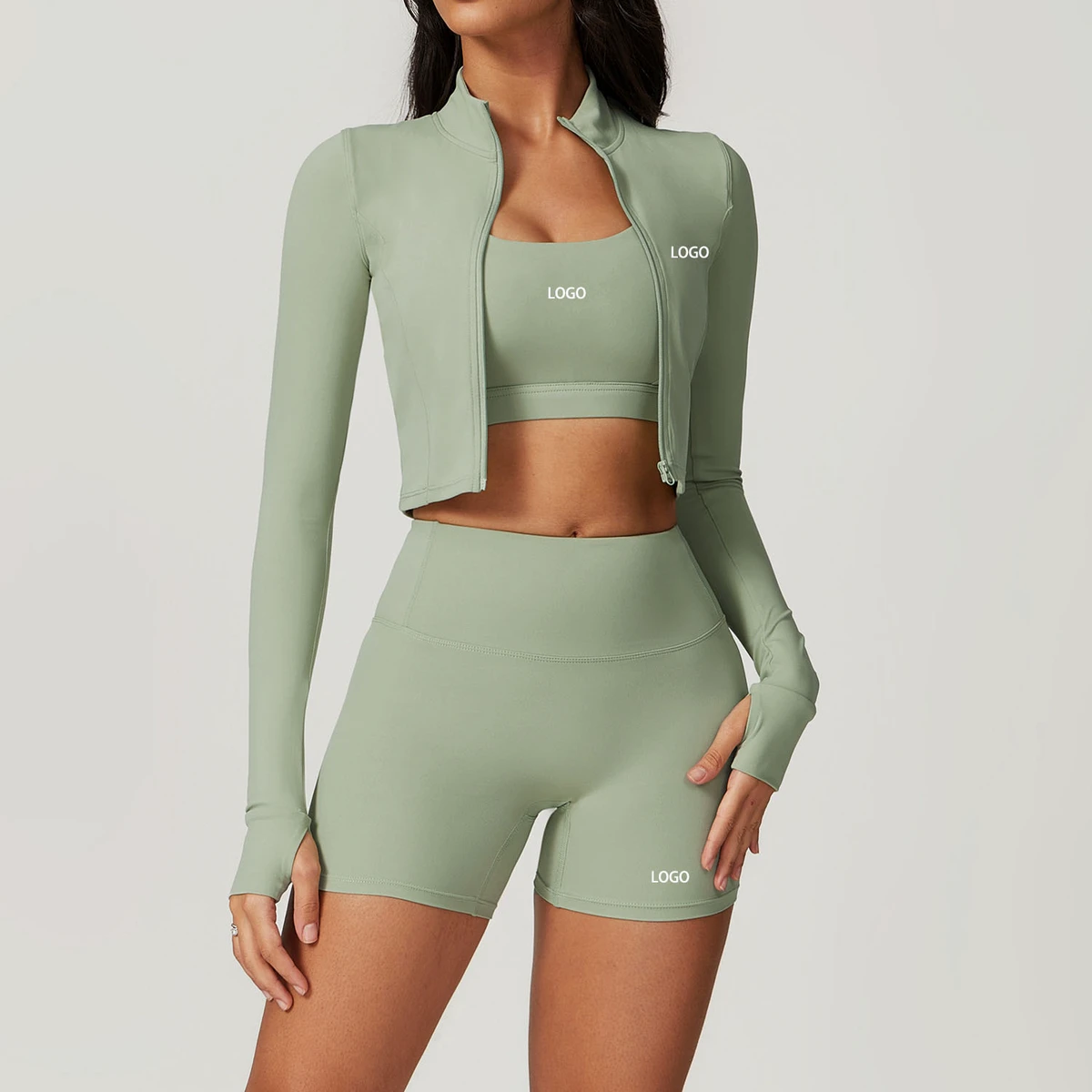 Custom High Quality Women Jacket Bra Short Set Three Pieces Yoga Wear Workout Yoga Short Pants Set Workout Sets for Women
