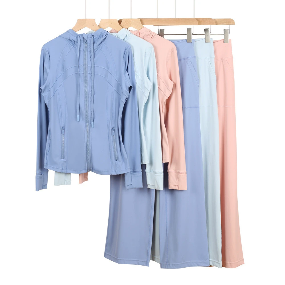 High-Elasticity Breathable Cotton Sports Suit Hooded Jacket Long Sleeves Straight-Leg Pants Two-Piece Set Front Yoga Fitness