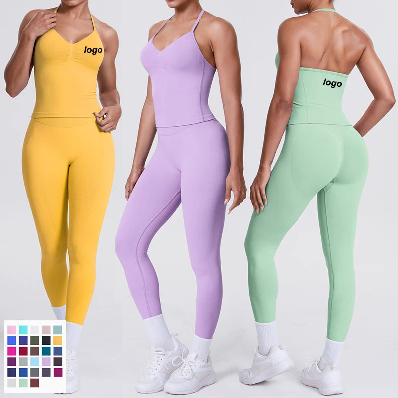 Custom Logo Seamless Yoga Tank Top Set Tummy Control Gym Clothes Halter Vest Top High Elastic Sweatpants Outfits Running Wear