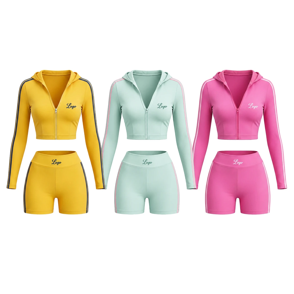 2026 Custom Logo OEM 2 Piece Women Yoga Set Side Stripe Cropped Zip Hoodie and Shorts Tracksuit Slim Fit Activewear Sportswear