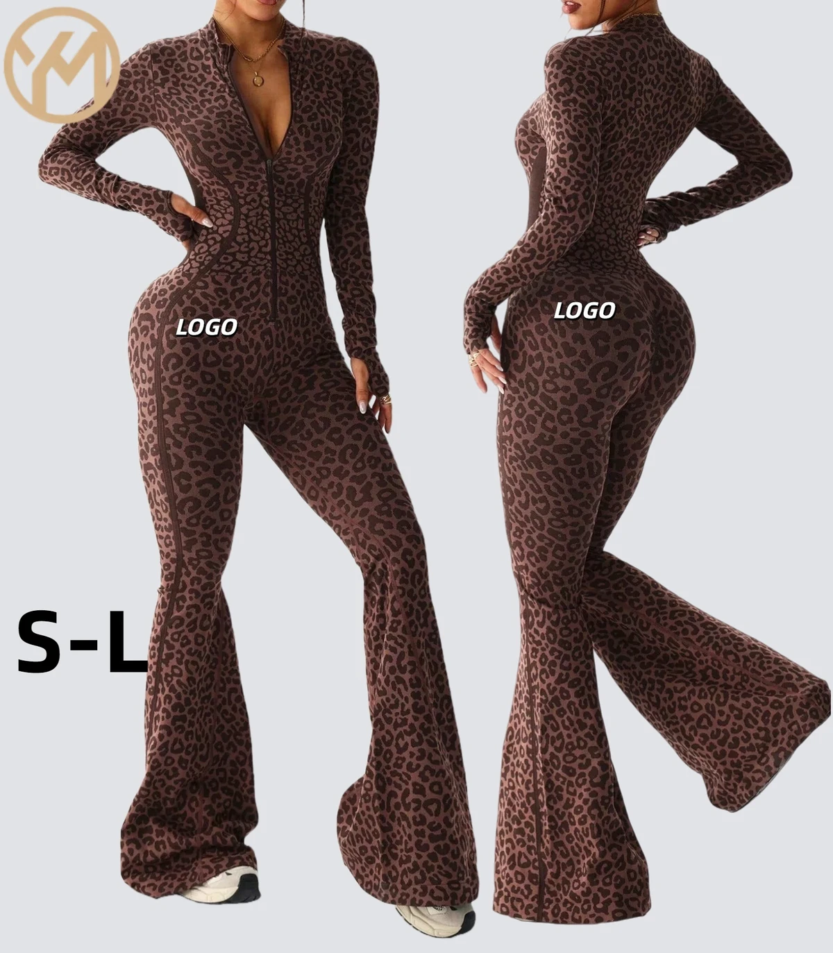 Yimo New Leopard Print Women Scrunch Butt One-piece Yoga Bodysuit Lady Long Sleeve Slim Gym Overall Female Flared Pant Jumpsuit