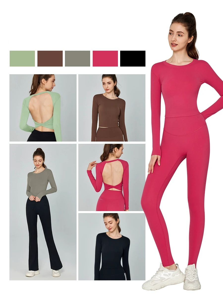 Hot Selling Skin Friendly Long Sleeves Waist Tightening Open Back Semi Fixed Cup With Chest Workout Long Sleeves Yoga Tops