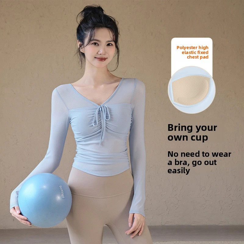 Women's Breathable Yoga Top with Chest Pads Pure and Sexy Mesh Fitness Long-sleeve Pilates Training Tight-fitting Sports Set