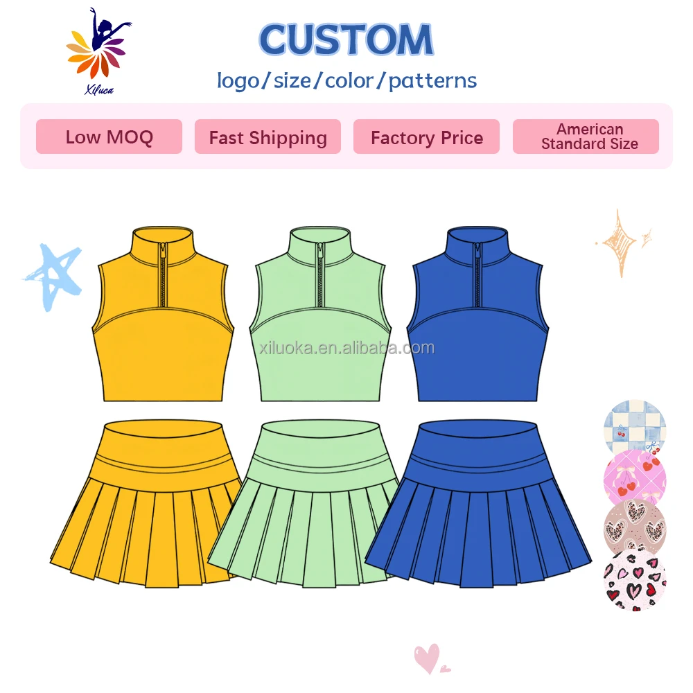 Girls Yoga Sleeveless 2 Piece Set Short Quarter Zip Top With Pleated Skirt Built In Shorts Custom Small Batch