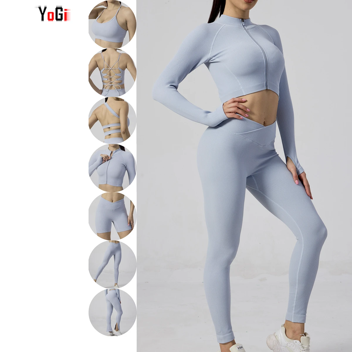 Women's 7-Piece Seamless Workout Sportswear Beauty Back V Waist Shorts Crop Top Bra Flared Pants Yoga Suit Breathable Waterproof