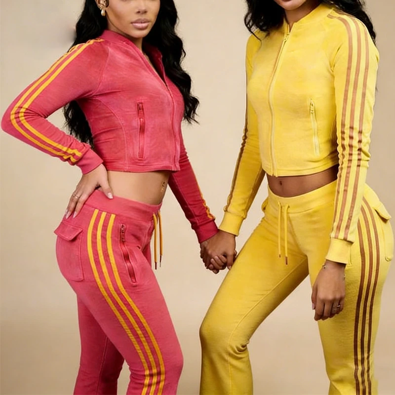Custom Womens 2-Piece Yoga Set Velvet Paneled Striped Cropped High-Waisted Jacket Pocket Fitted Flared Jogger Suit for Women