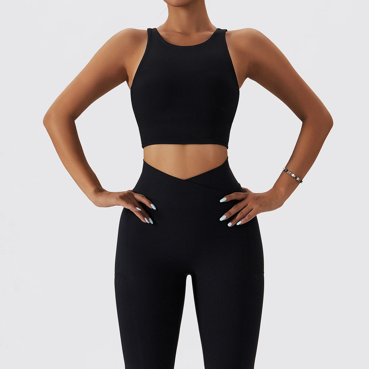 Women High Stretchy U-Neck Open Back Breathable Soft Bra V Cut Ribbed Quick Dry Gym Leggings With Pockets Yoga Set