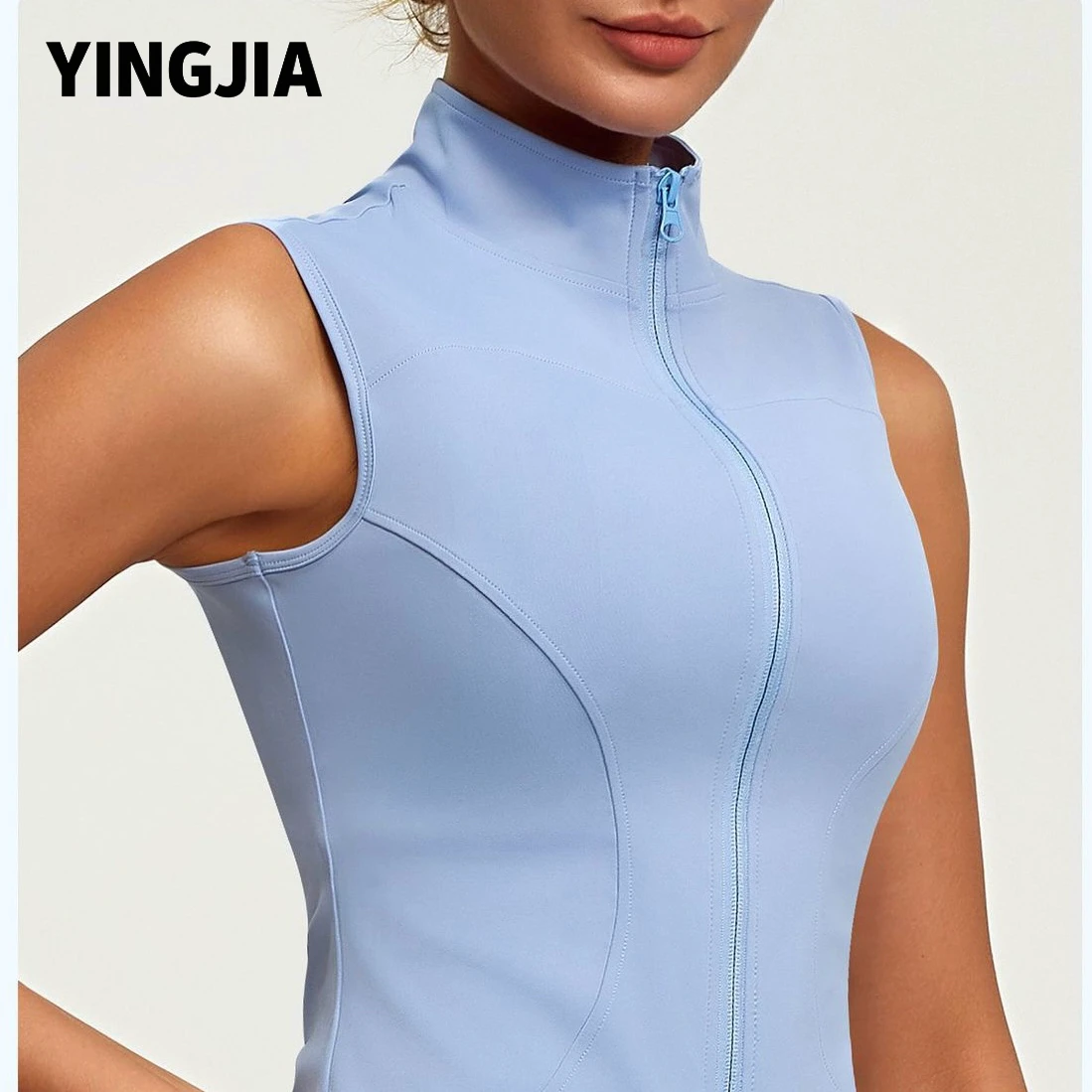 New Breathable Yoga Sleeveless Fitness Jacket for Women-Spandex/Polyester Active Stretch Slim-Fit Stand Collar Sports Top