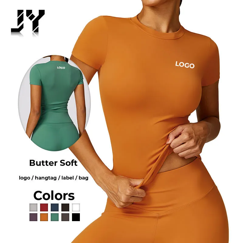 JY Wholesale Plus Size Womens Breathable Lightweight Gym Fitness Yoga T-Shirts Short Sleeve Crewneck Active Stretch Skinny Fit
