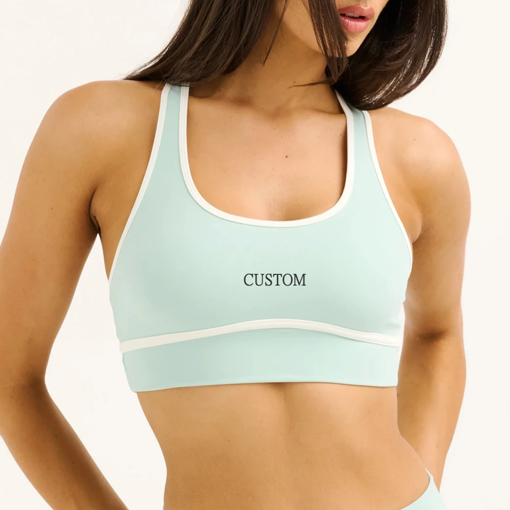 New Desgin Women Sportswear U Neck Contrast Color Front Custom Logo Gym Sports Bra Crossback Adjusted Strips Workout Yoga Bra