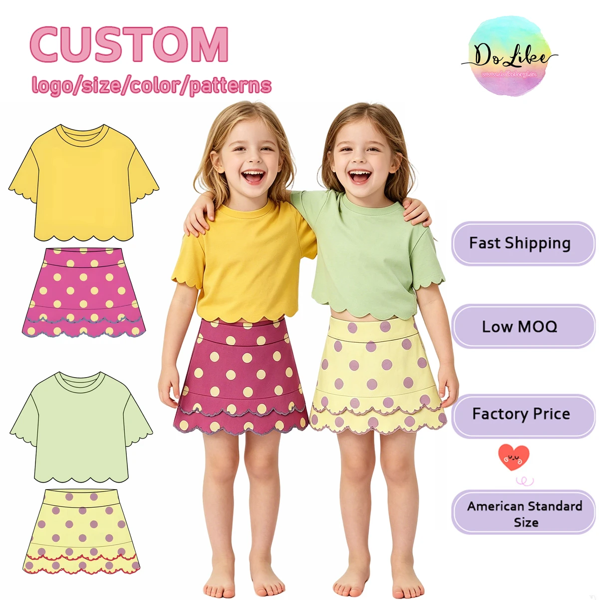 Girls' Athletic Sets Babys Activewear Kids Scallop Trim T-Shirt Polka Dot Children's Skirt Kids Casual Outfit