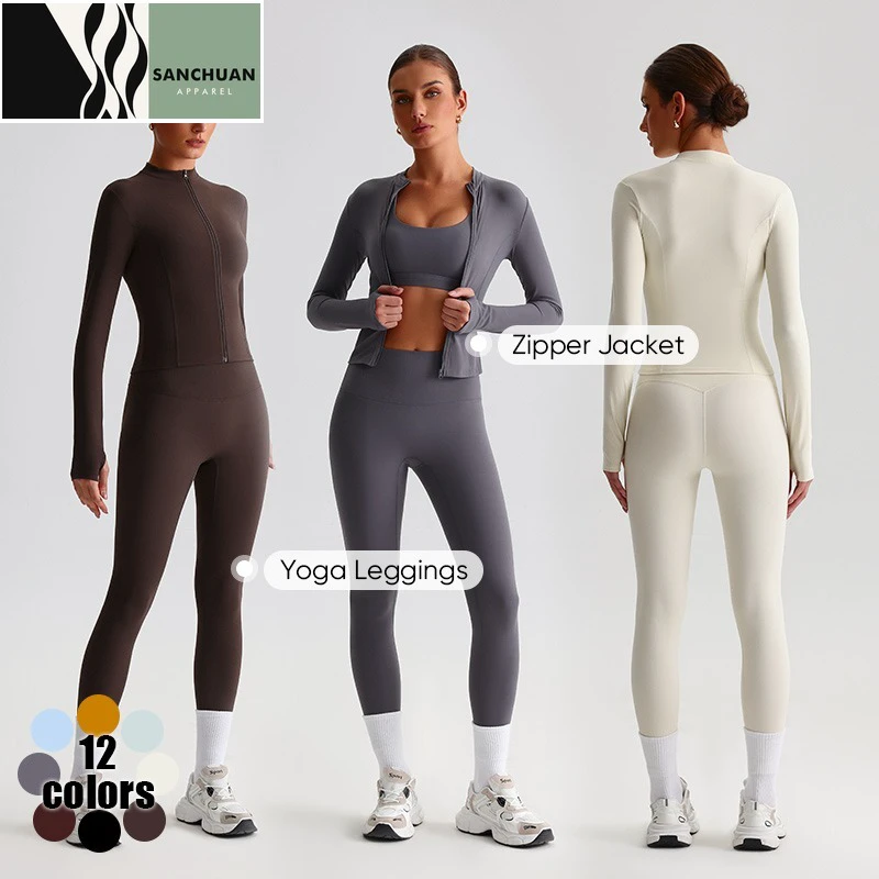 Women's 2 Piece Sportswear Set Breathable Zipper Top High Waist Gym Leggings Yoga Set for Adults