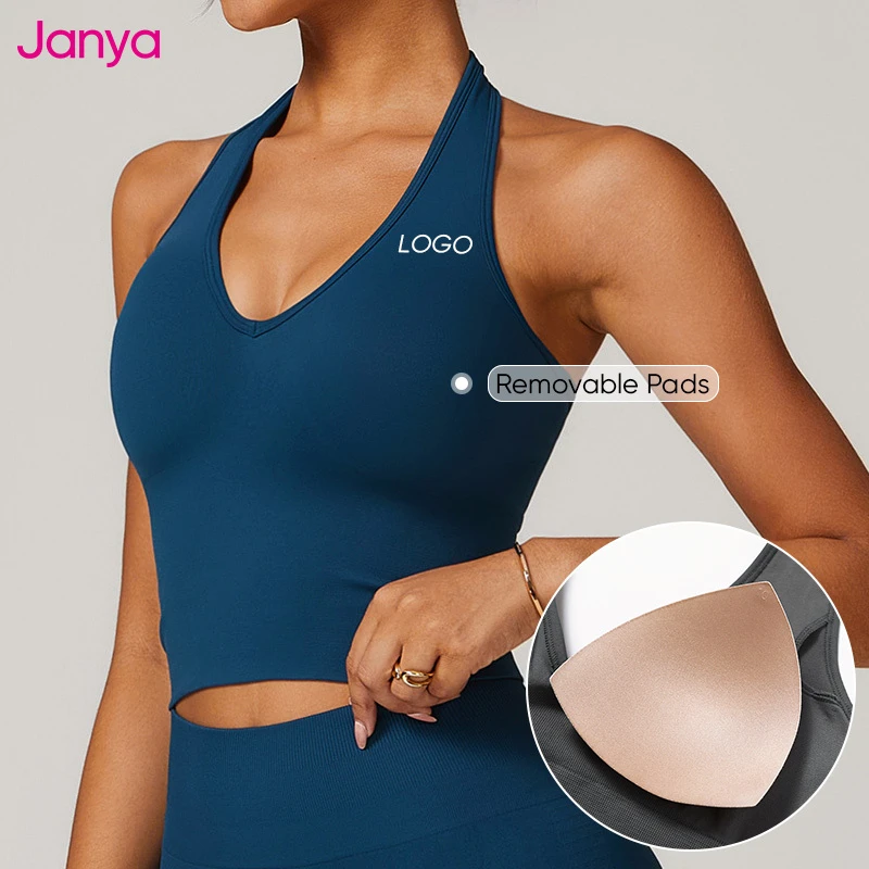 Janya Women's Gym Fitness Longline Tops Halter Backless Design Deep V Neck Yoga Tank Top Seamless Sports Bra with Removable Pads