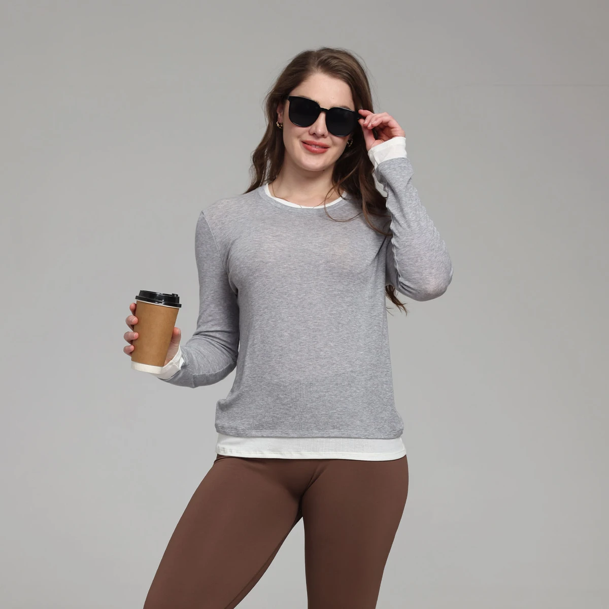 Wool Blend Stylish Yoga Top Long-Sleeve Color Block Sports T-Shirt for Women Loose Fit Sports Comfortable Round-neck Running Top