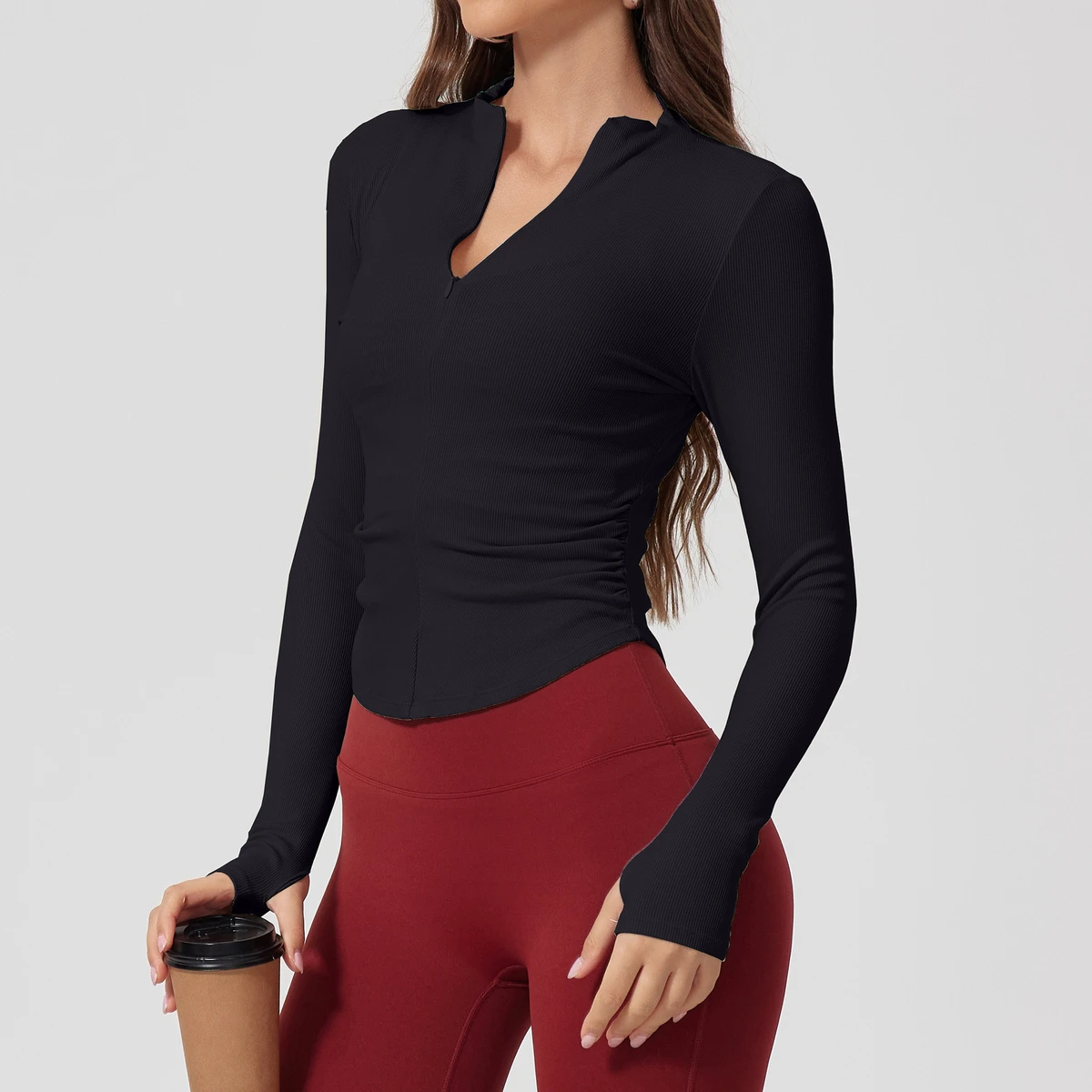 Wholesale Women Ribbed Half Zip Long Sleeve Top Second Skin Slim Stretch for Yoga Training Fitness