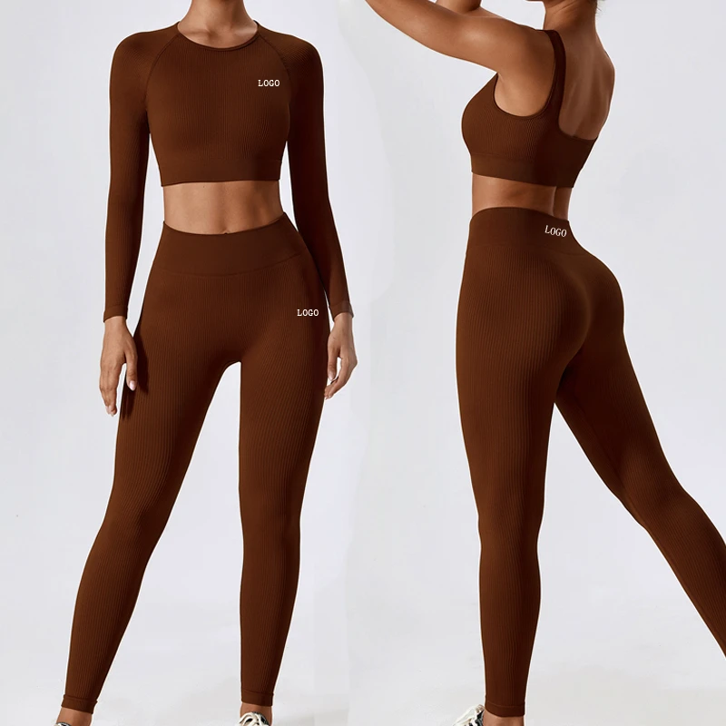 3 Pieces Seamless Sports Yoga Set Workout Long Sleeve Crop Tops Activewear Gym Fitness Apparel for Women
