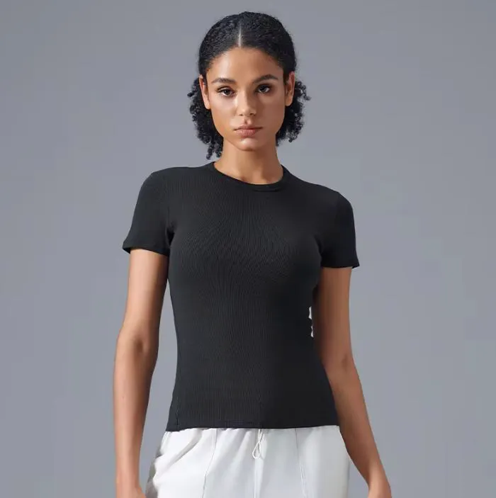 Women Customizable Cotton Ribbed Soft Solid Color O-Neck Fitness Wear Shirts Sportswear Regular Breathable Yoga Short T-Shirts