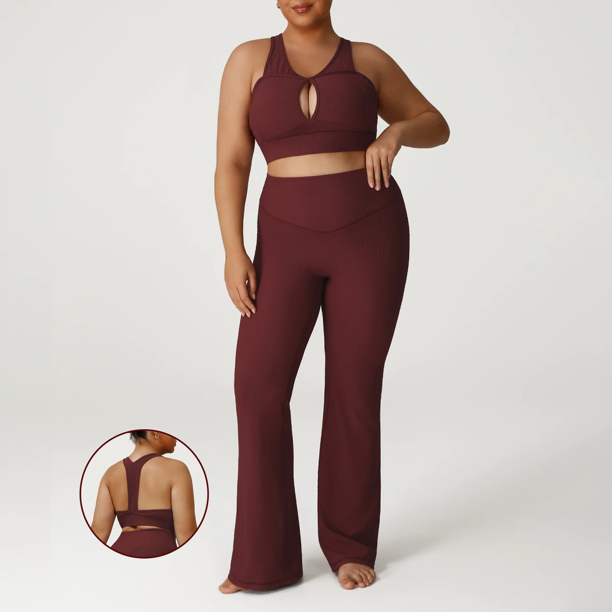 YMR-P02503 Plus Size Activewear Set High Waist Tummy Control Wide Leg Leggings Front Sexy Sports Bra Breathable 2pcs Yoga Wear