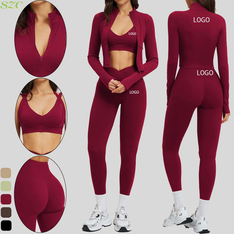 High Quality Womens Three Pieces Yoga Set Spandex/Nylon Seamless Shockproof Bra Zipper Jacket High Waist Butt Lift Leggings