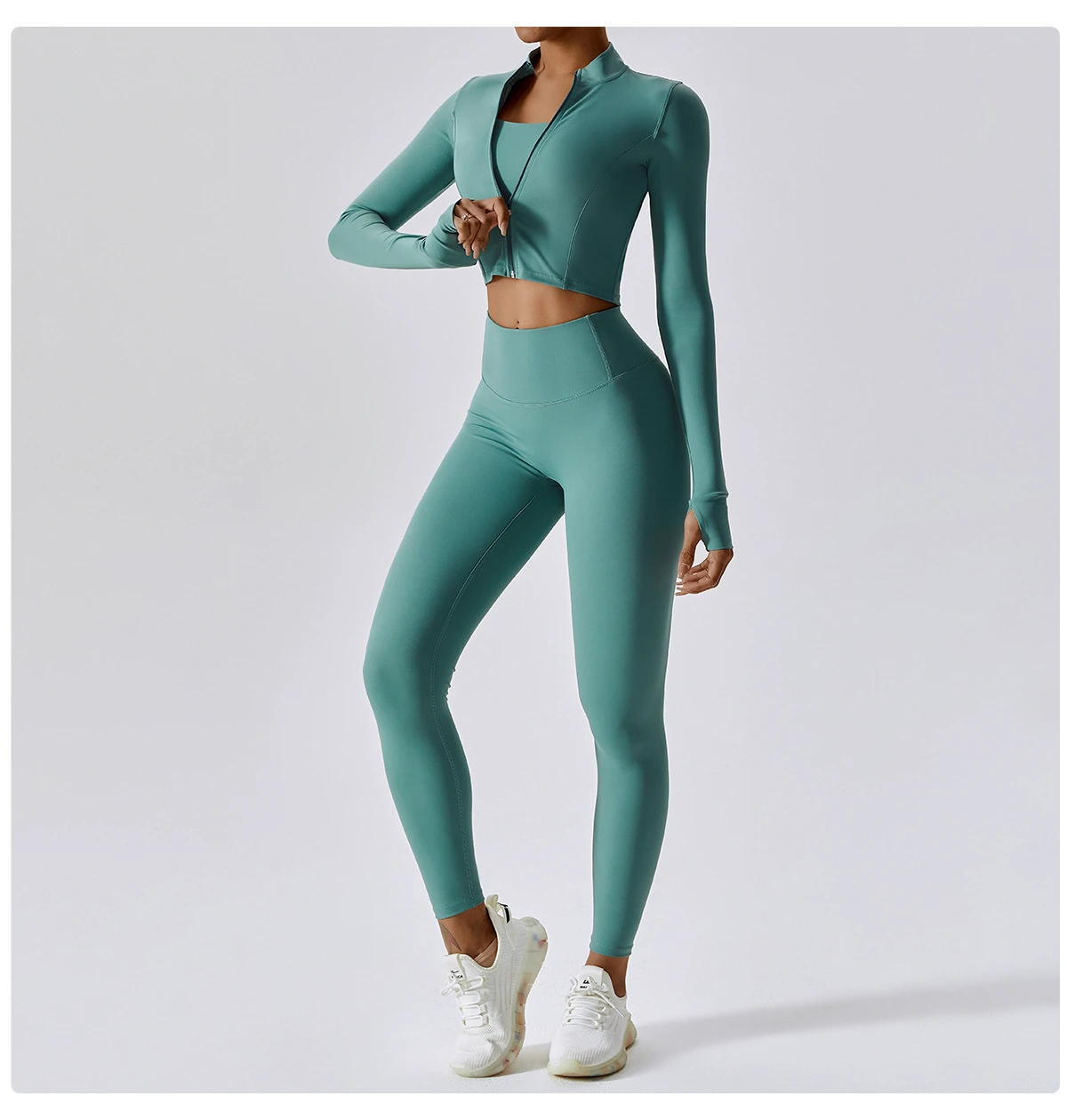 Customizable Logo on Waist Women's Three Piece Yoga Gym Set V-Neck Sports Bra Butt Lift Flare Leg Pants with Full Zipper Jacket-