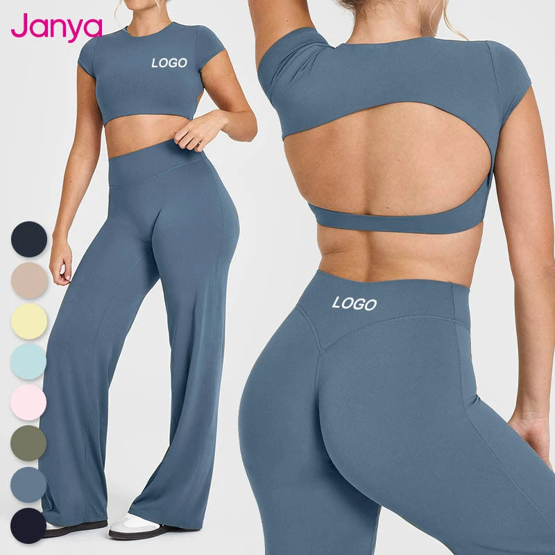 Janya Women's High Waist Flared Legging Fitness Outfit Breathable Stretchy Activewear 2-Piece Set Hollow Back Crop Top Solid
