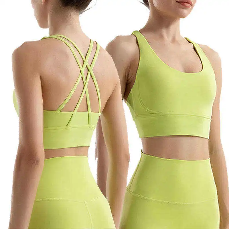 New Solid Color Nylon Sexy Low Bust Open Back Sports Bra Tight High Stretch Fitness Clothing Cross Straps Yoga Bra For Women