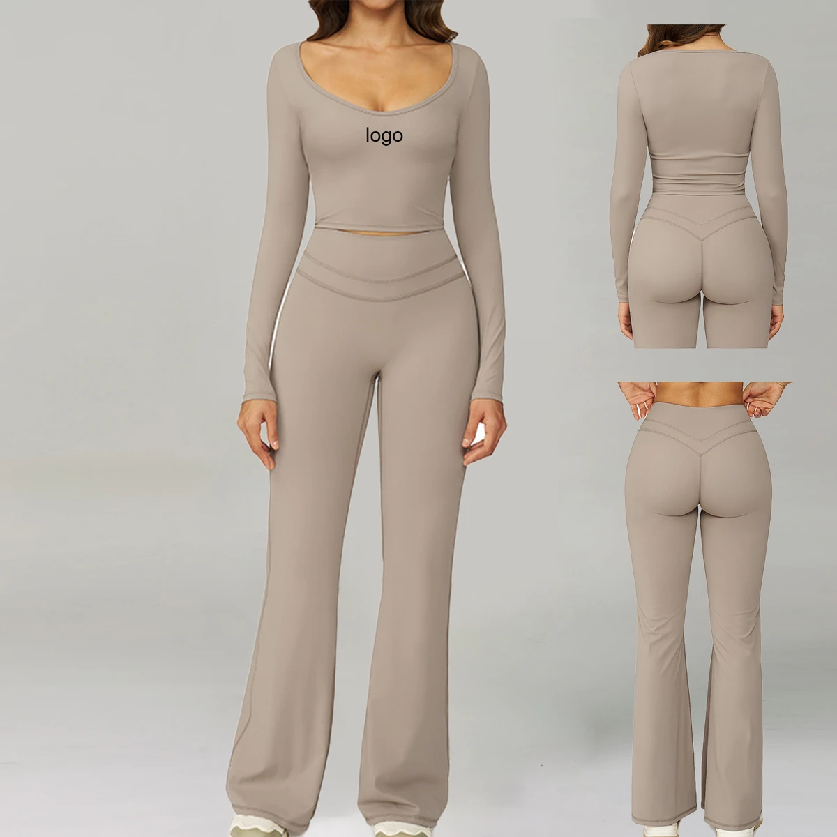 Wholesale OEM Women Gym Wear Long Sleeve Crop Top Women Sets Flared Leggings Design High Quality Sportswear Fitness Yoga Wear
