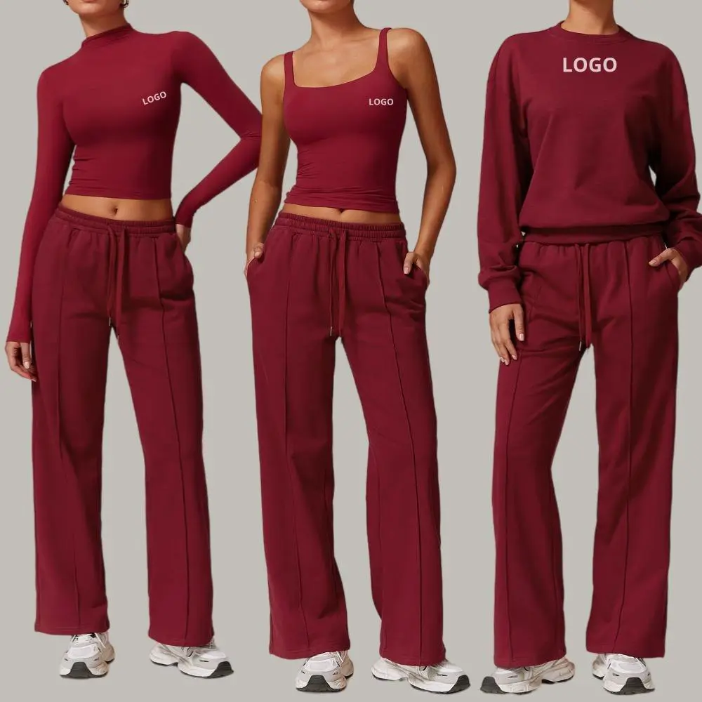 Women Summer Sweet High Waisted Wide Leg Pant Sleeveless Sweatshirt Set Yoga Fitness Casual Sports Activewear Two Piece Outfit
