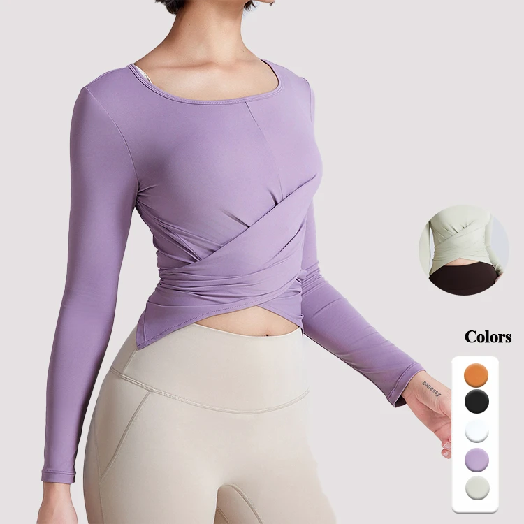 Women's New Slim Yoga Sports Top Long Sleeve Casual Running T-Shirt Solid Quick-Dry Fitness Clothing Cross Button Breathable