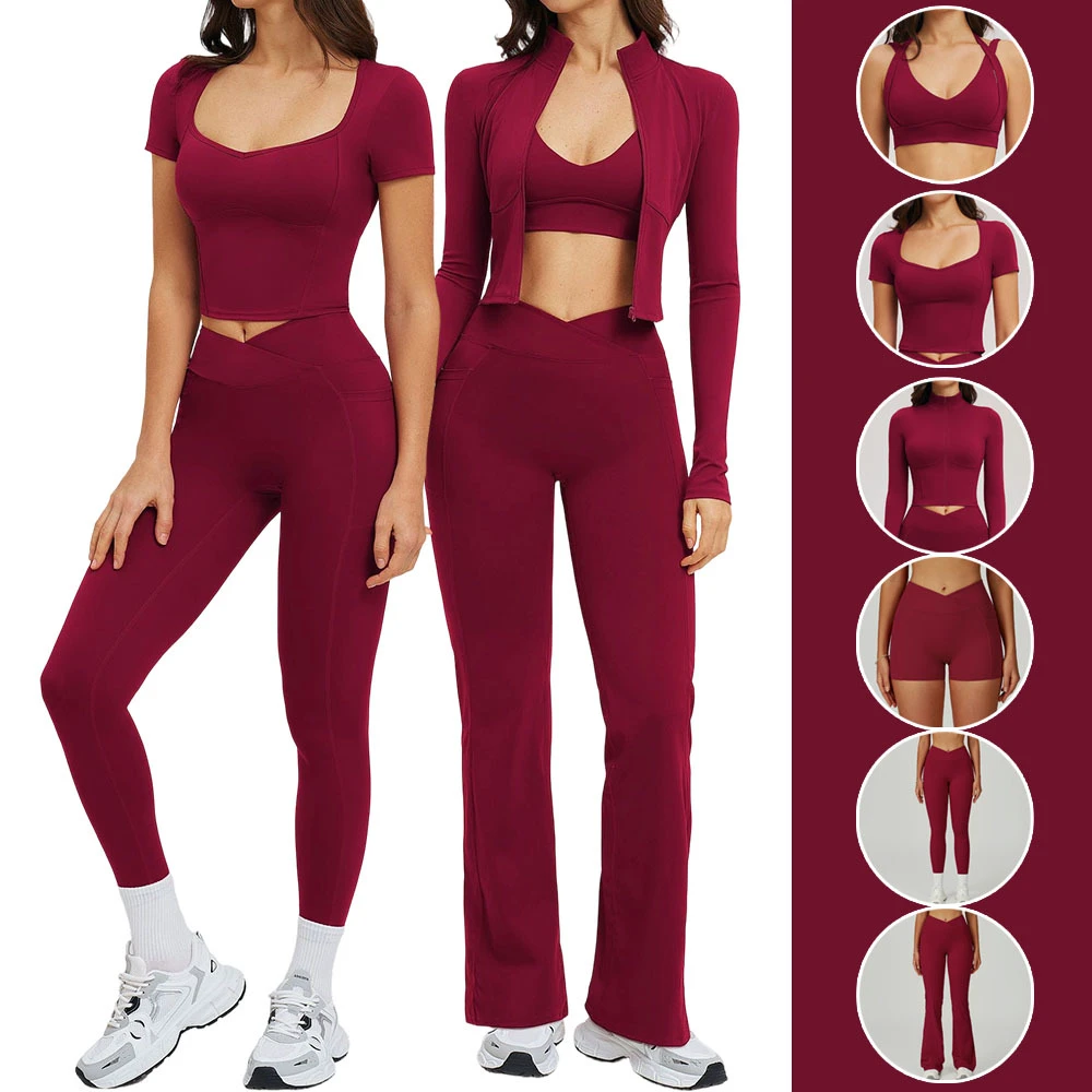 2026 Popular Fashion Custom logo Women's 6-Piece Yoga Set Quick Dry Lightweight V Waist Solid Outdoor GYM Fitness Yoga Set