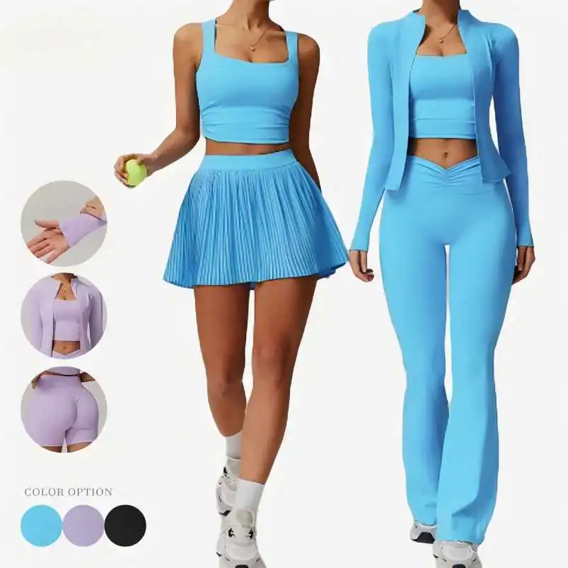 Women Long Sleeve Zipper Jacket High Waist Leggings Butt Lifting Gym Set Workout Sets 6 Pieces Yoga Outfits