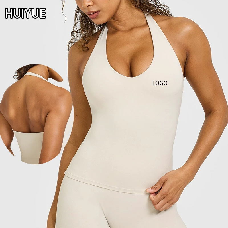 Women's Deep V Neck Breathable Four-Way Stretch Sleeveless Workout Tops Backless Gym Sports Vest Halter Neck Yoga Tank Top