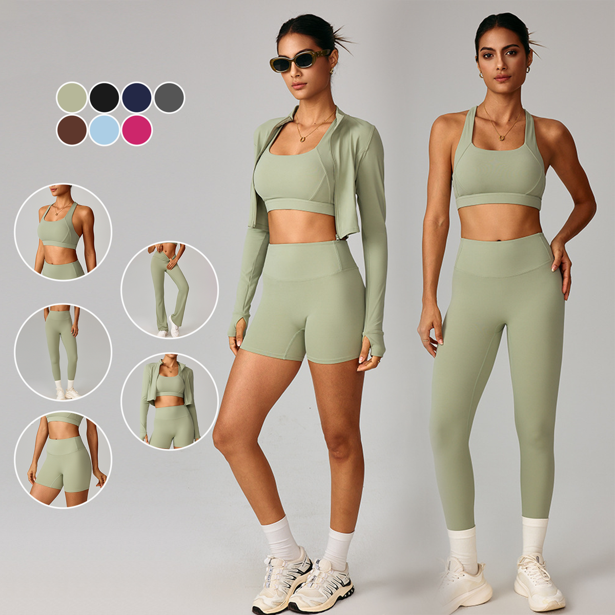 Custom Front Waist Solid Women's Activewear 5-Piece Yoga Set Quick Dry Breathable Eco-Friendly High Quality Workout