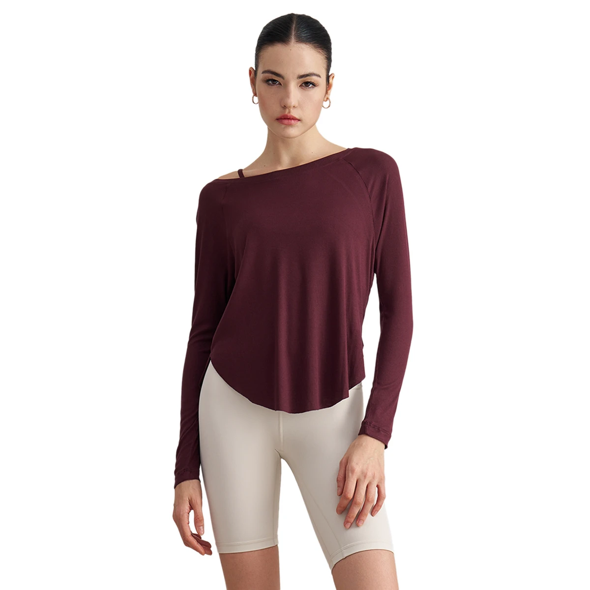 Wholesale Women's Modal off Shoulder Yoga Top Lightweight Breathable Loose Fit V-neck Workout Shirt Front Logo Sweat-Wicking