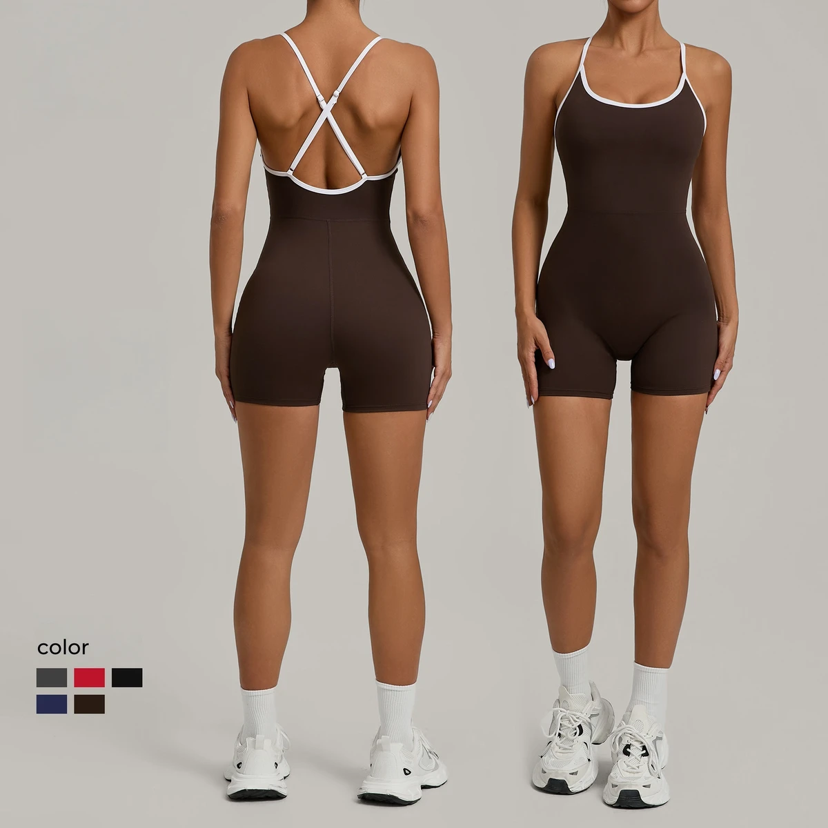 Contrasting Color Cross-strap High-waist Tight-fitting One-piece Yoga Suit for Outdoor Running and Exercise