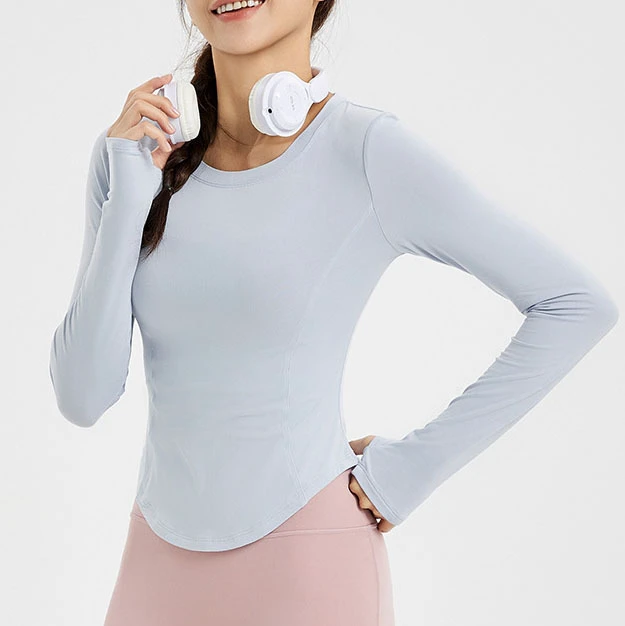 YIYI Spring Women Yoga Short Sports Tops Quick Dry Fitness Gym Super Elastic Round Neck T-Shirt Long Sleeve Sports Clothing